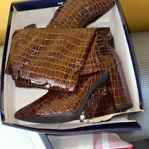 Brown Croc-Embossed Block Heel Ankle Boots